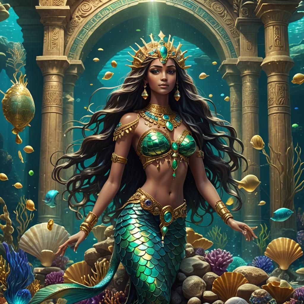 Egyptian Mermaid with Golden Jewelry, Underwater Fantasy Art