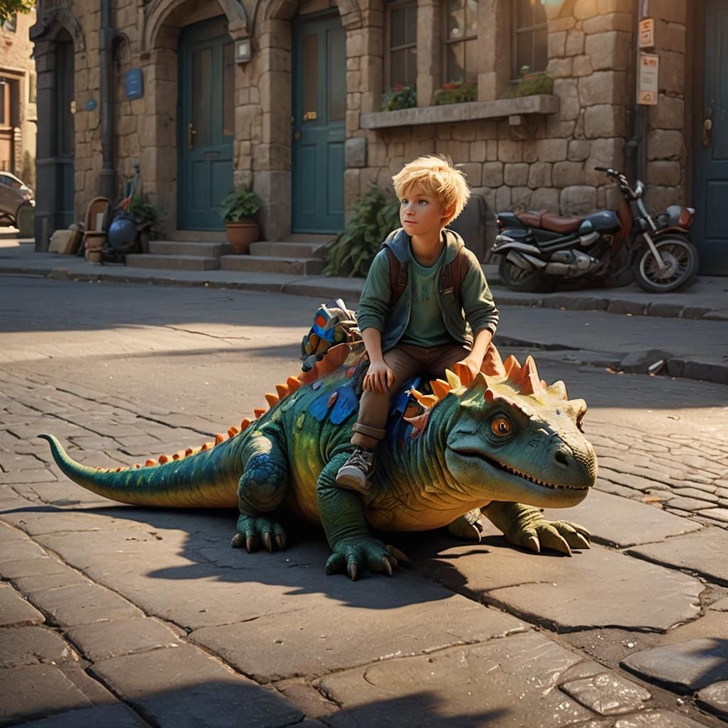 Boy Rides Dinosaur in Sunny Street: Fantasy Art