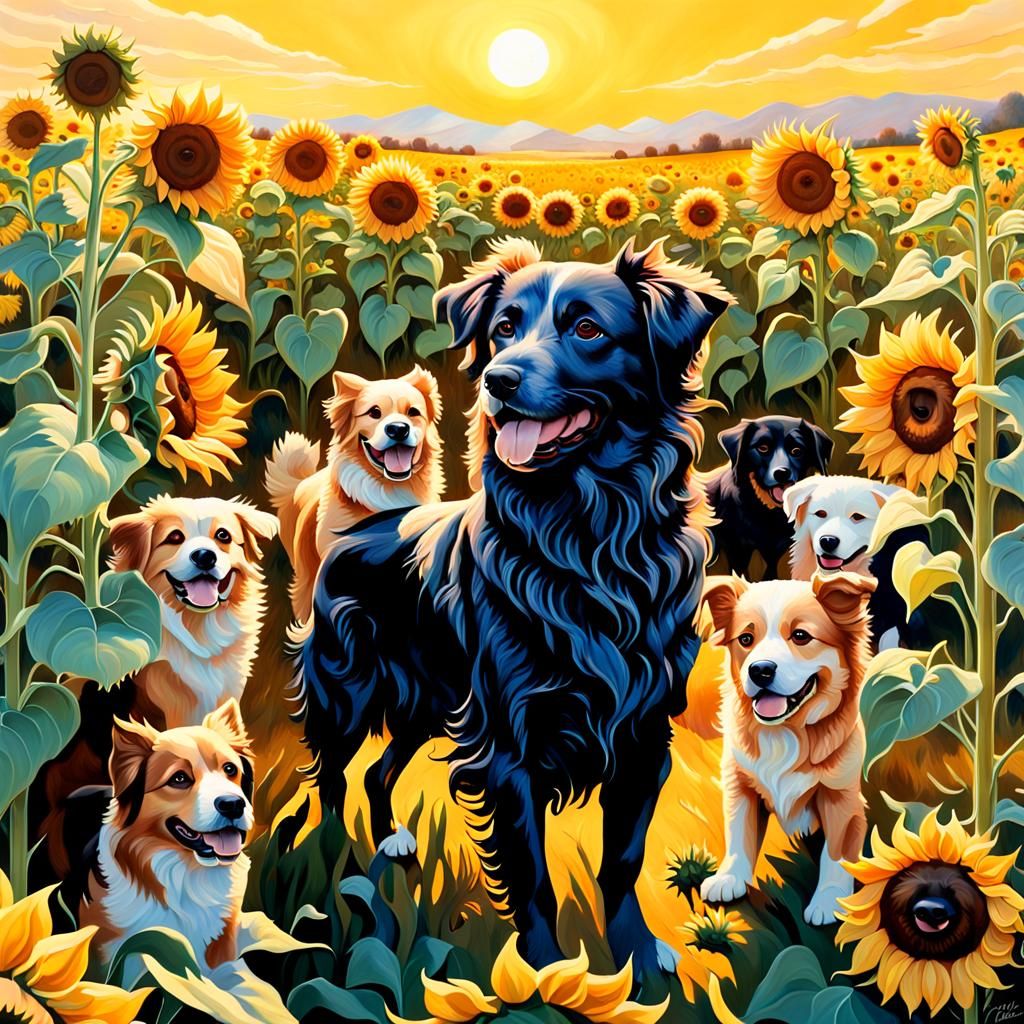 a field of sunflowers in peak bloom during a golden sunset.