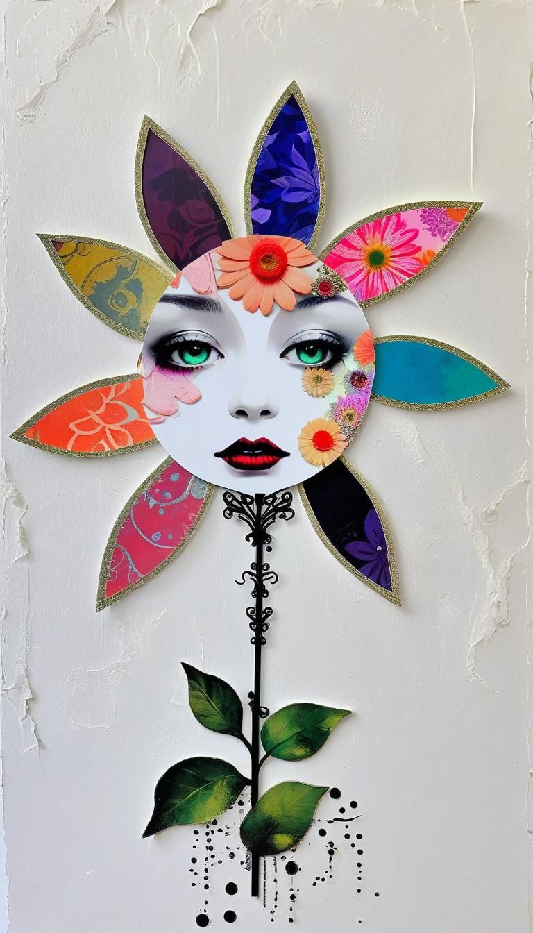 Luminous Gothic Collage: Woman and Flower
