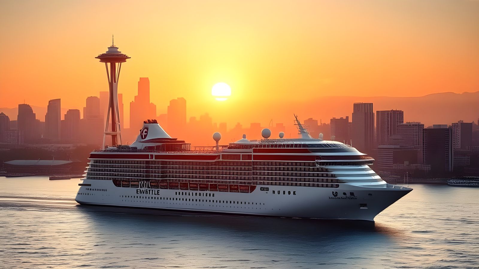Seattle Sunset Majesty: Majestic Cruise Ship and Cityscape