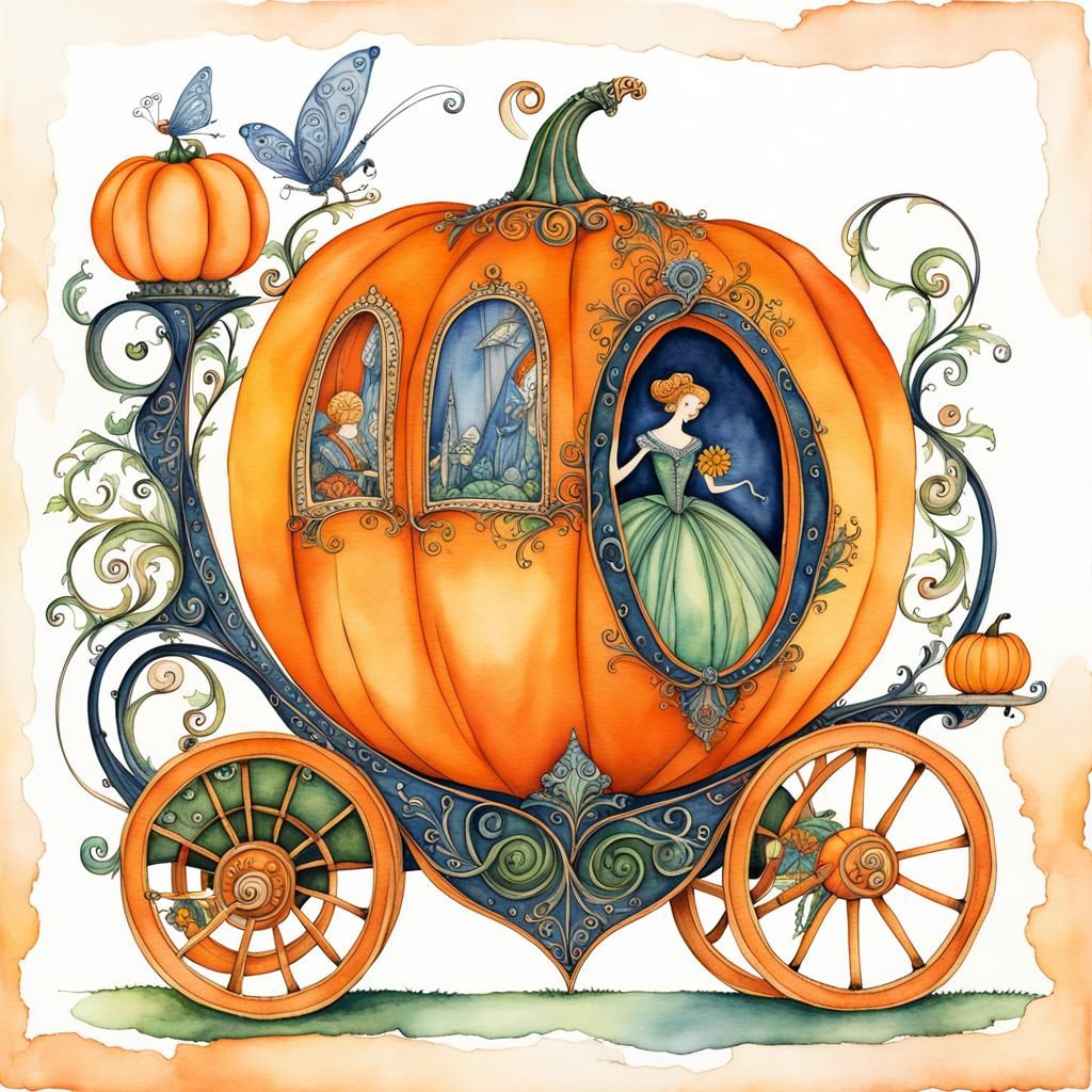 Surreal Pumpkin Carriage Illustration with Fairy Godmother