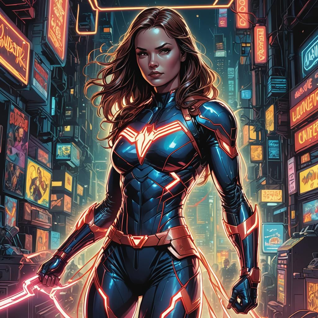 Light-Powered Superheroine Amidst Neon Signs in Comic Book S...