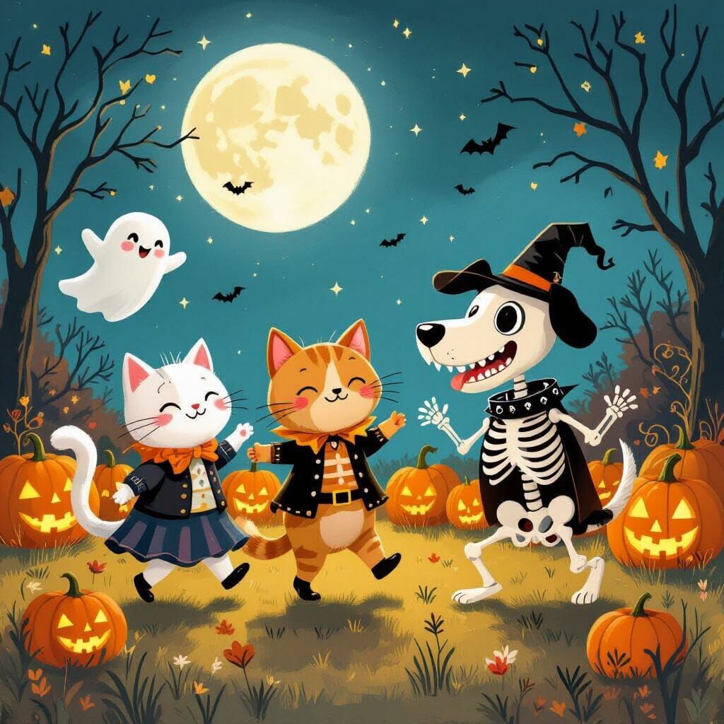Whimsical Animals in Halloween Costumes Dancing Under Moon