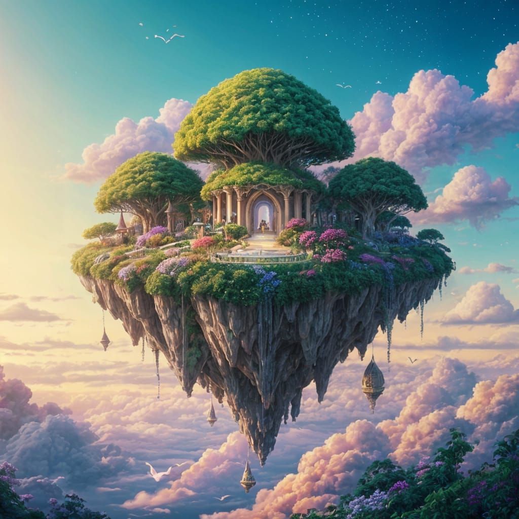 Floating Island Garden in Pastel Sunset Sky