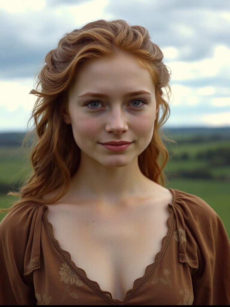 Young Woman with Red Hair and Blue Eyes, Cinematic Film Stil...