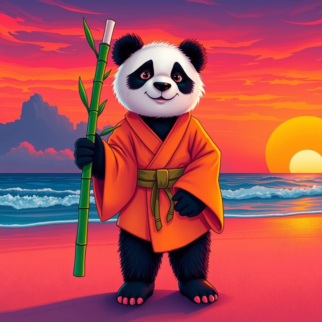 Panda Karateka on Sunset Beach in Whimsical Style