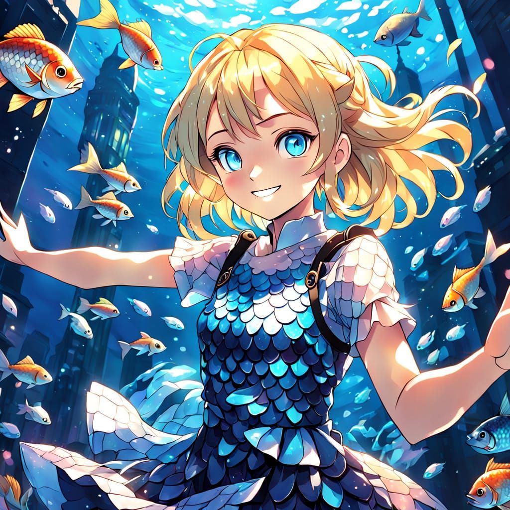Anime Teen Girl Shines in Underwater City with Vibrant Fish ...