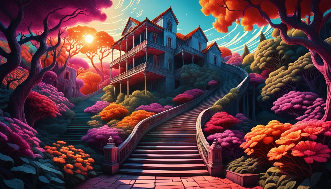 Escher-Inspired Surreal Staircase Unfolds in Vibrant Dreamsc...