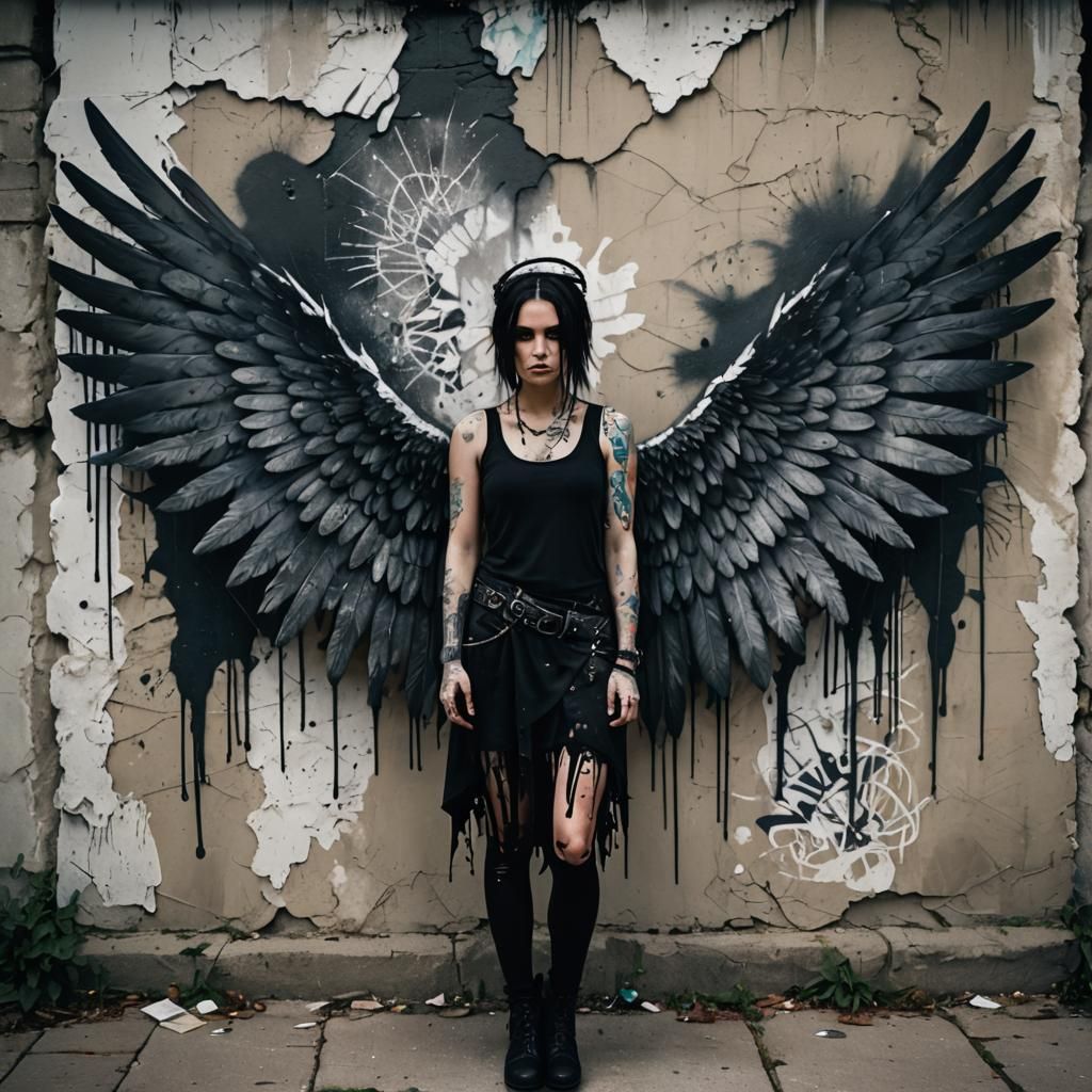 Eerie Goth Girl with Angel Wings Graffiti