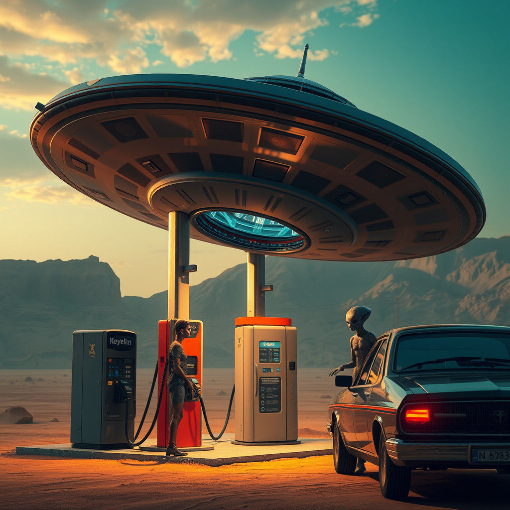 Flying Saucer Refuels at Desert Gas Station