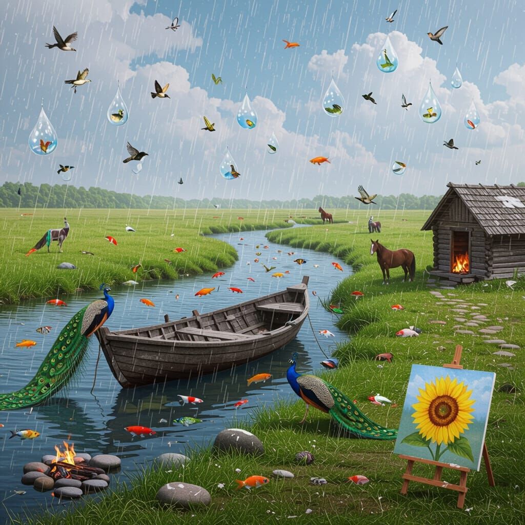 Vast Grassy Plain with River, Wildlife, and Hut - Photoreali...