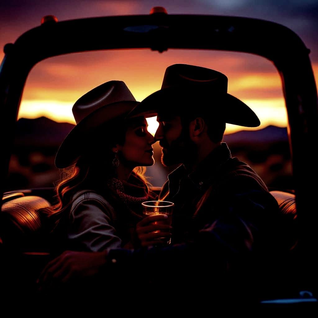 Cowgirl Kisses Cowboy in Truck