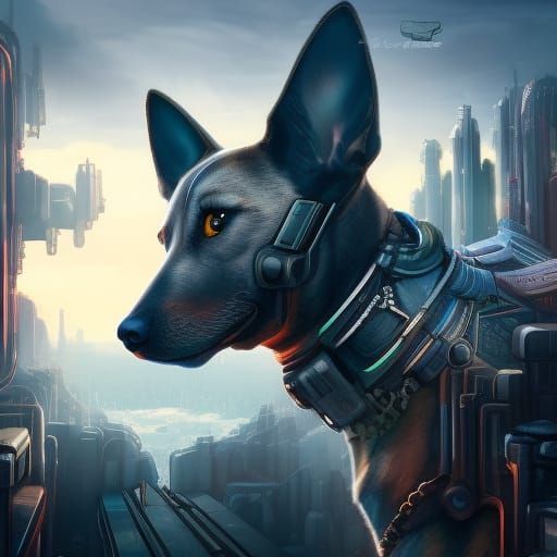 Cyborg Dog in a Futuristic City, Detailed Digital Art