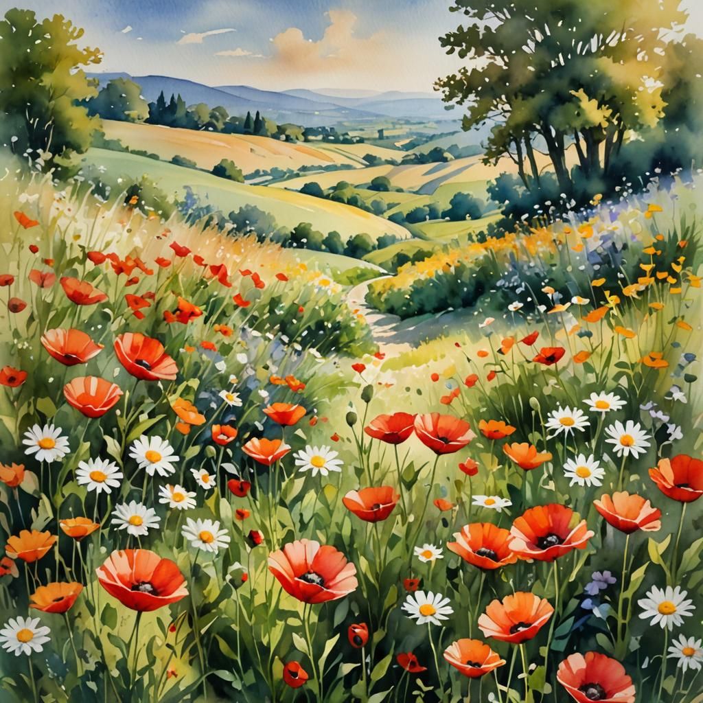Vivid Summer Landscape as Watercolor Painting