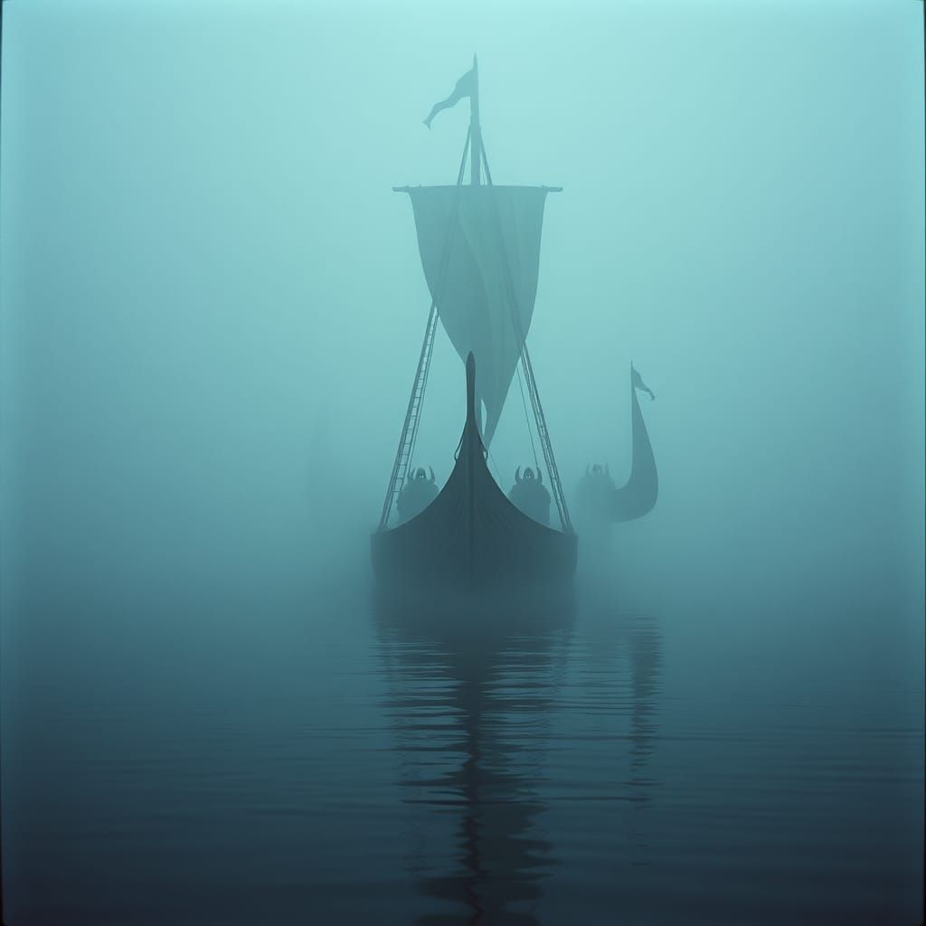Ghostly Viking Longship Emerges from Fog in Dreamlike Scene