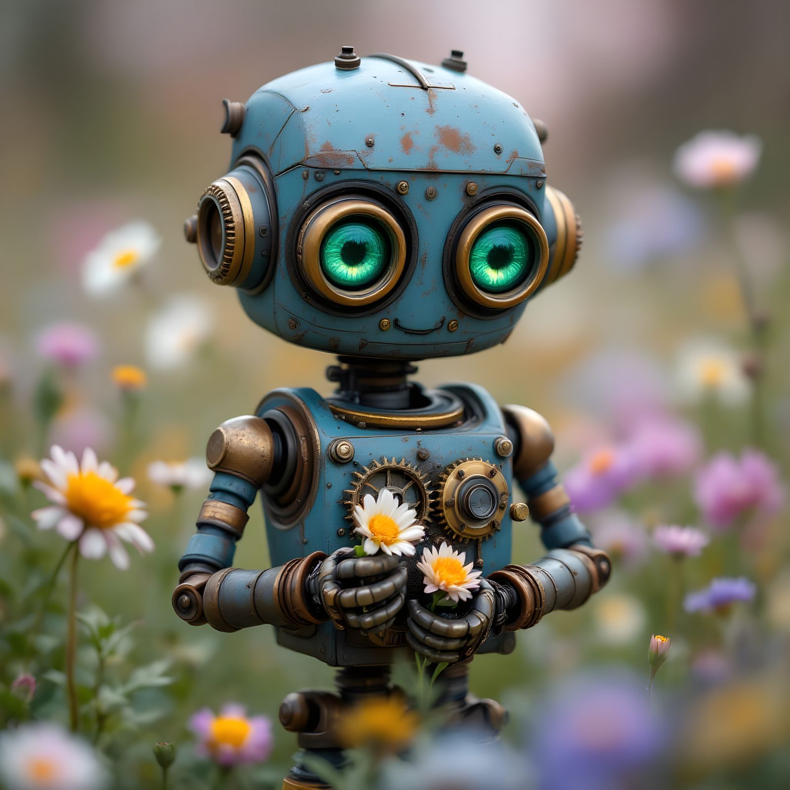 Whimsical Steampunk Robot in a Sunlit Meadow