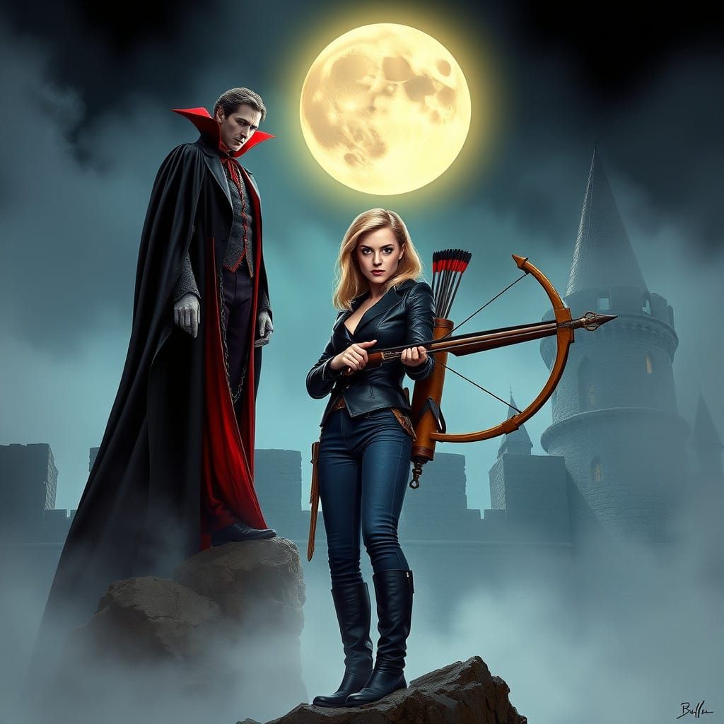 Eternal Vampire Lord Confronts Heroic Slayer in a Dark, Atmo...