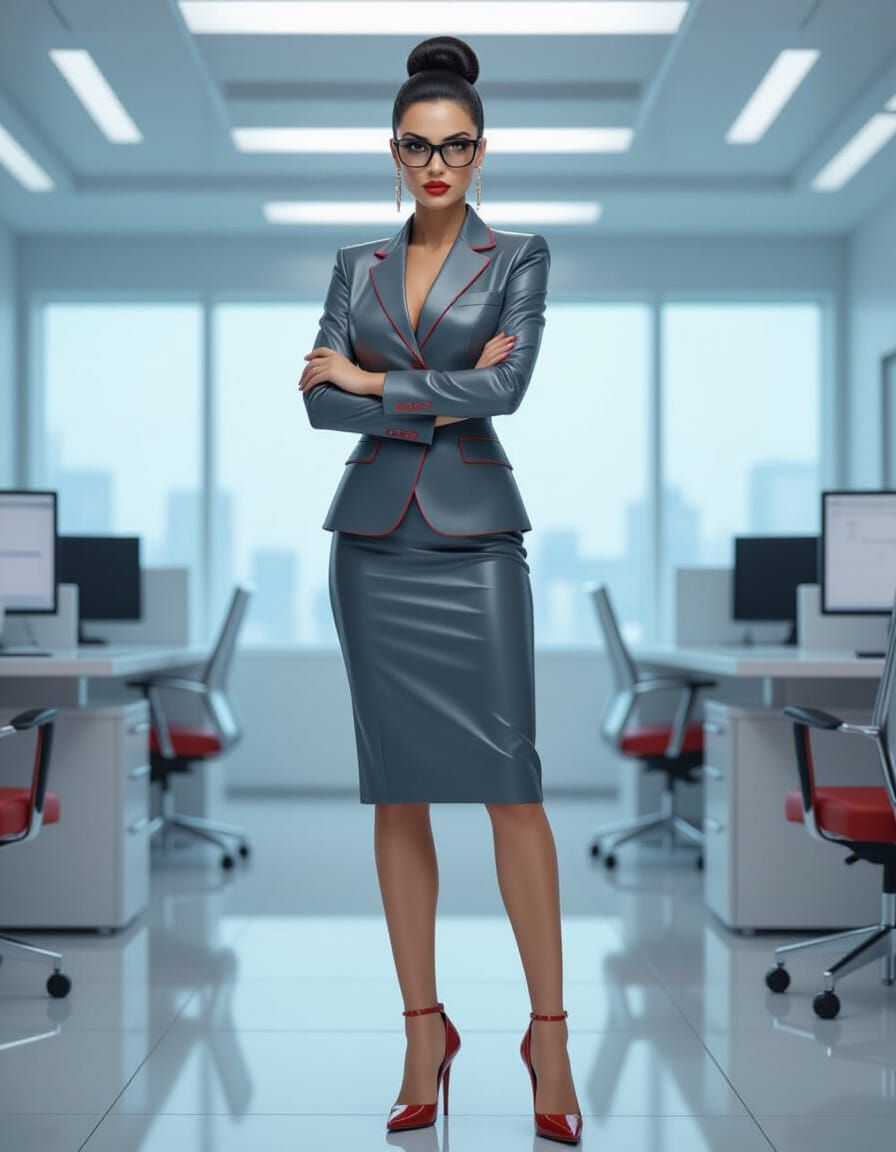 Businesswoman in Latex Suit in Surreal Office