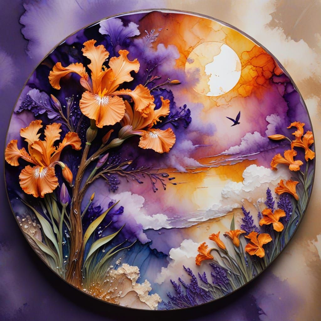 Alcohol Ink Art: Circular Design with Flowers and Bird