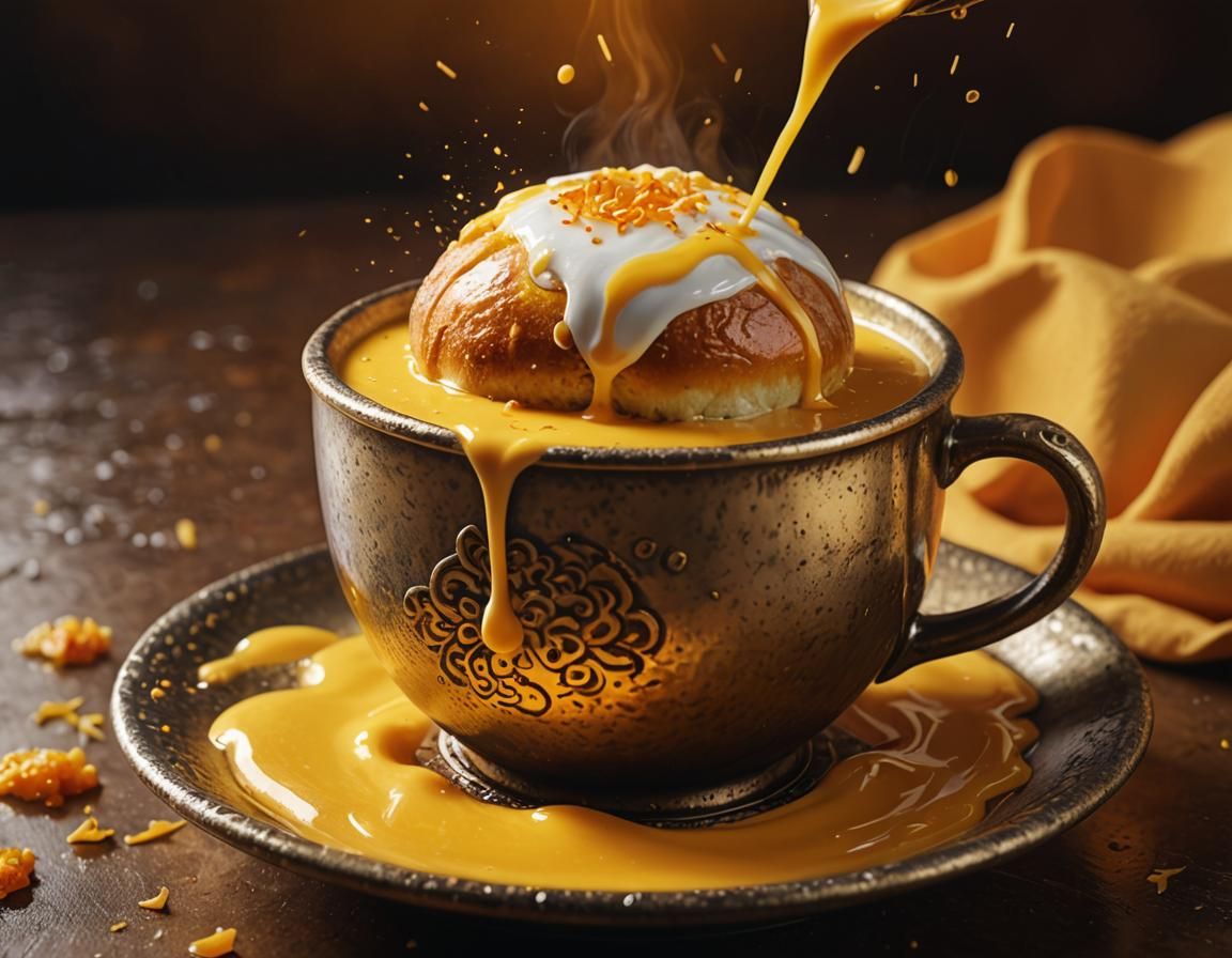 Steaming Bun in Saffron Milk: Hyperrealistic Concept Art