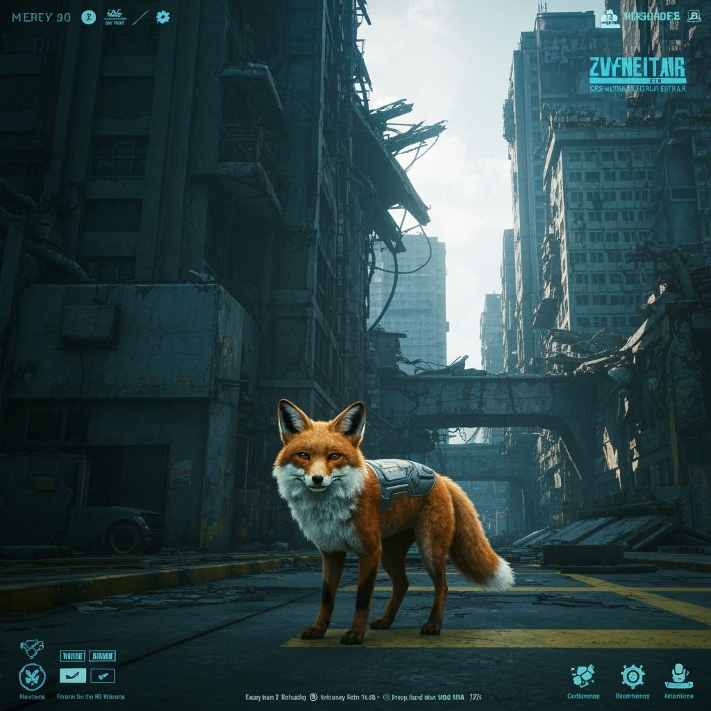 Cyberpunk Fox Netrunner in Ruined City