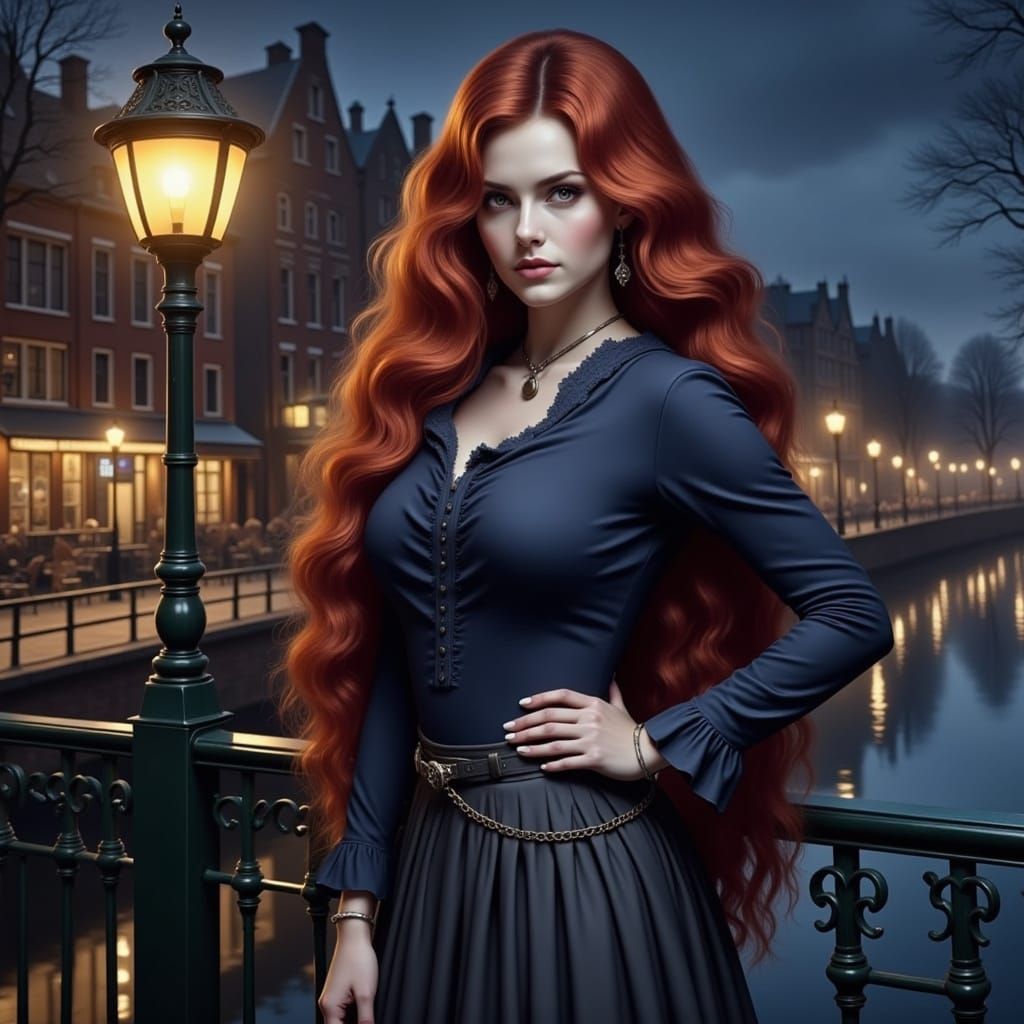 Victorian Woman on Bridge at Night