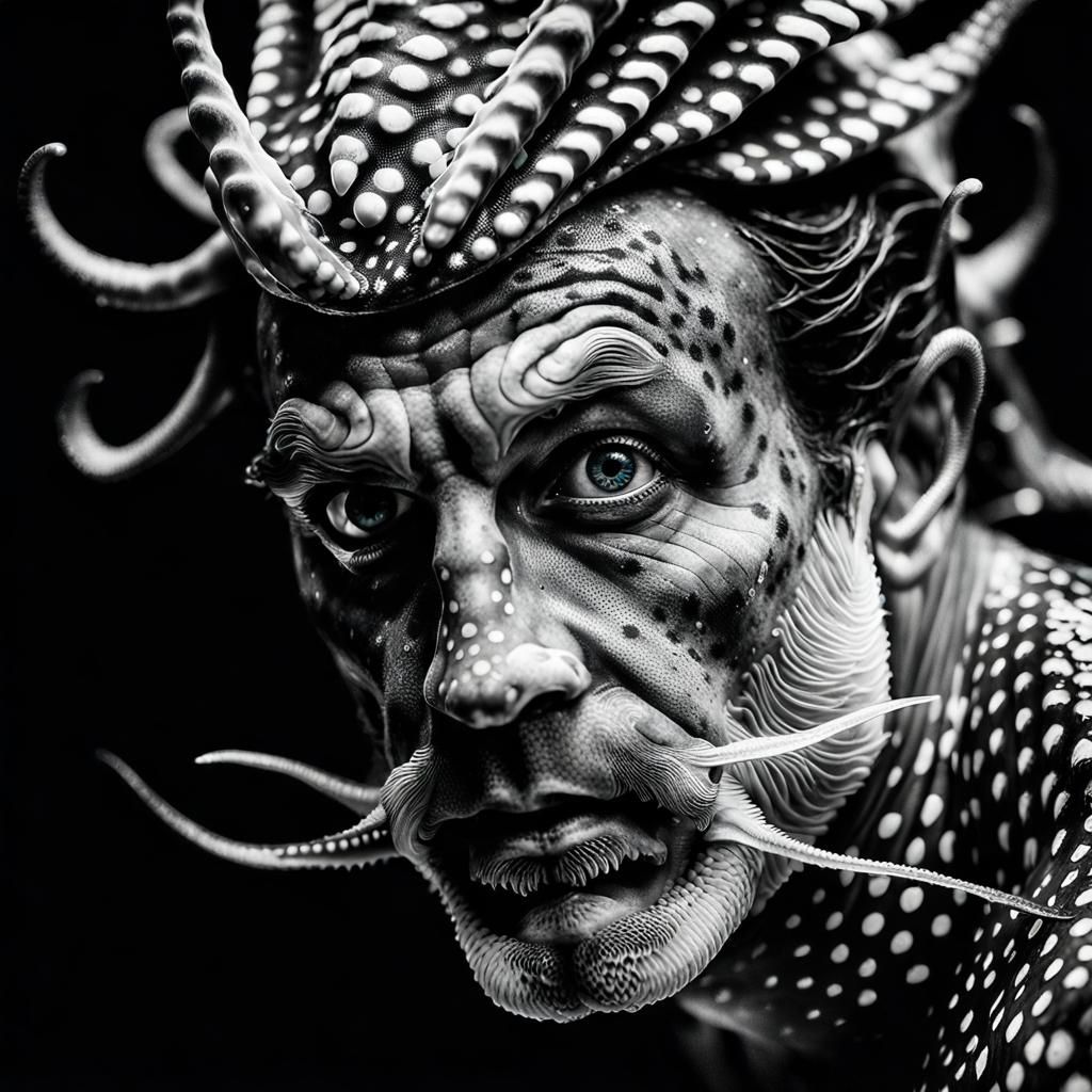 Intense Merman Portrait in Black and White