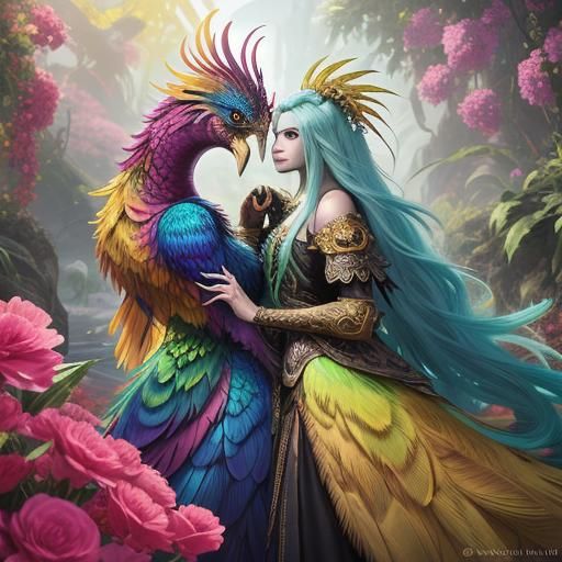 Fantasy Woman with Dragon Peacock, Digital Matte Painting