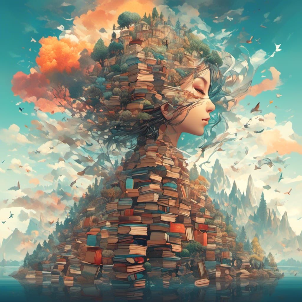 Surreal Book World Double Exposure Concept Art