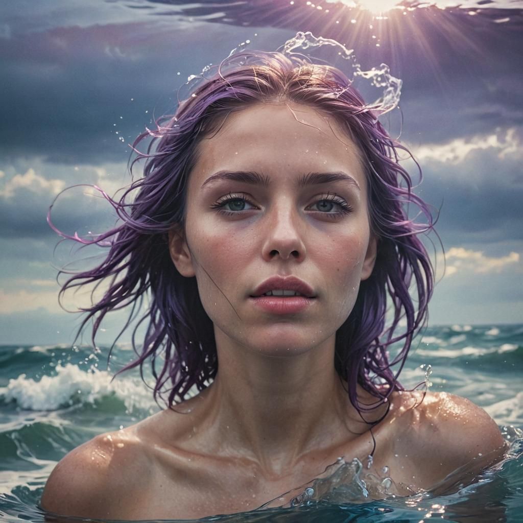 Surreal Woman Emerges from Ocean: Dreamy Oil Painting