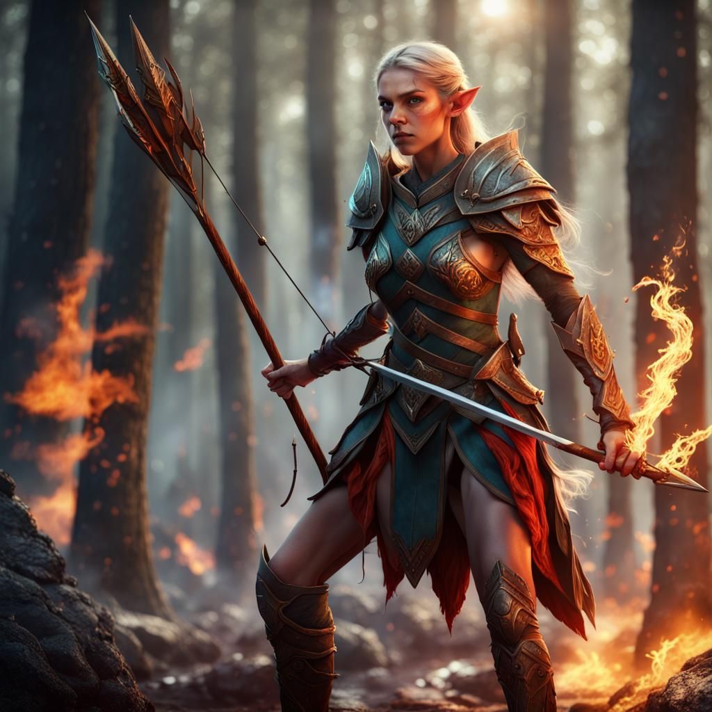 Elf Warrior Engaged in Fiery Battle