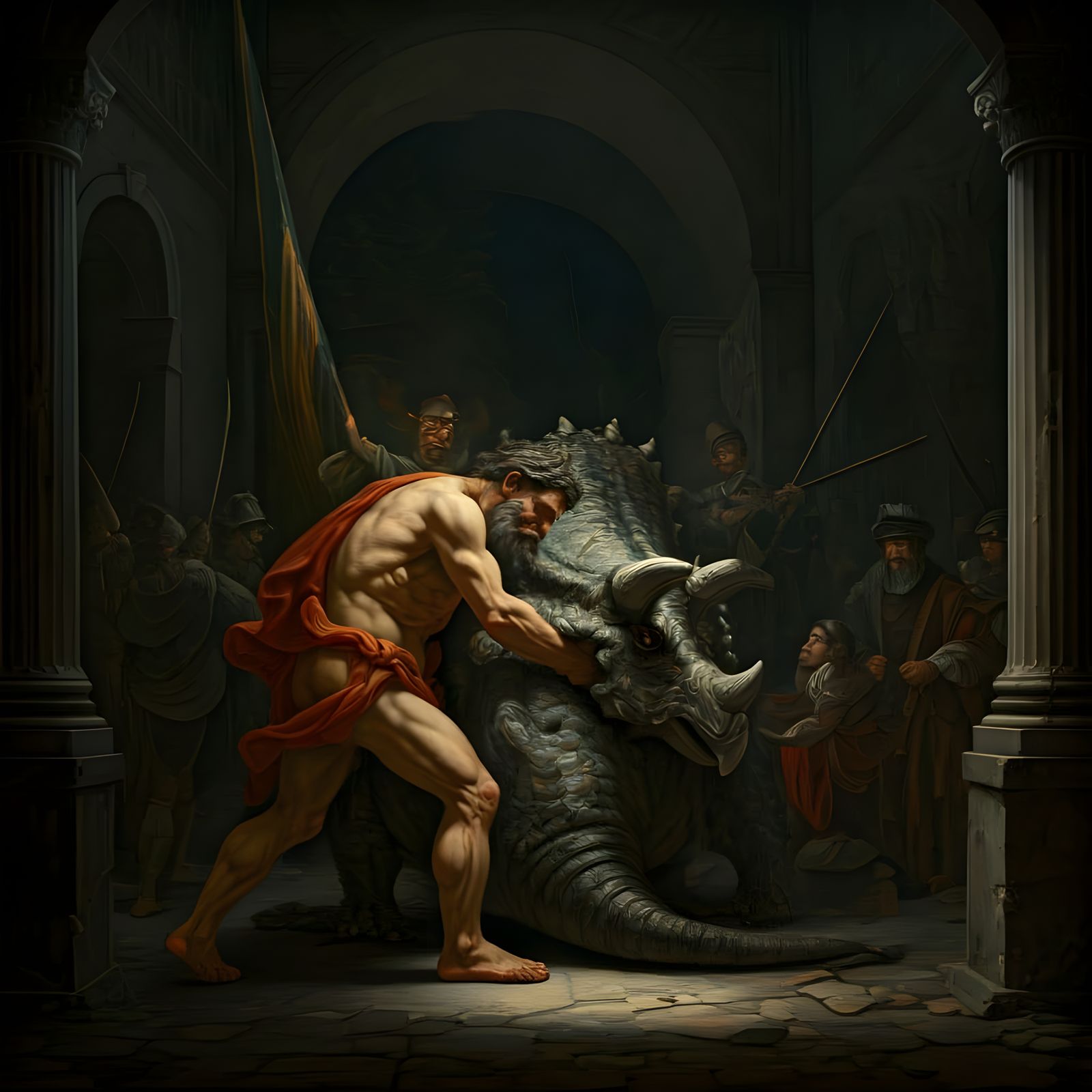 Hercules Wrestles Triceratops: Baroque-Style Illumination