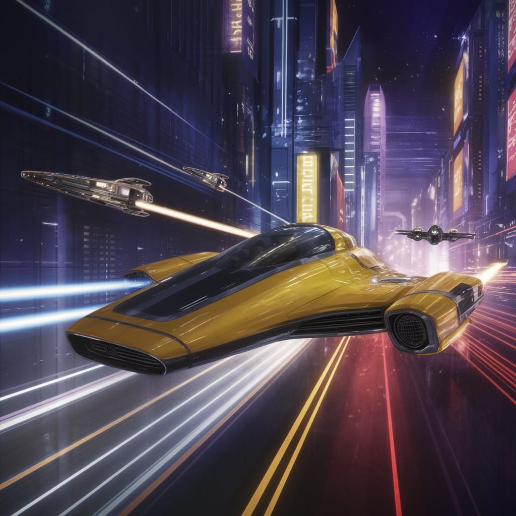 Jedi Transport Ship Speeds Through Futuristic Cityscape at N...