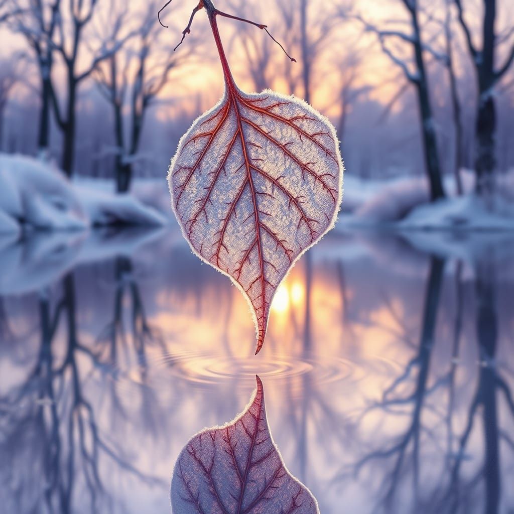 Winter Leaf Drifts on Tranquil Pond in Lavender Sunset Glow