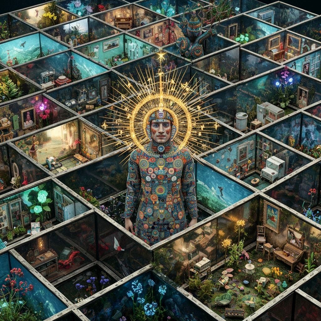 Mystical Shaman in Cracked Mirror Labyrinth