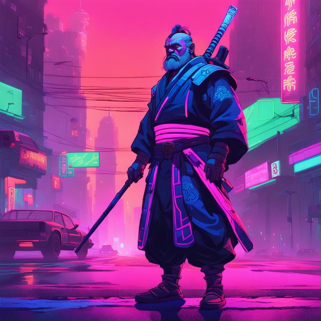 Neon 80's Dwarf Samurai in Cyberpunk Style