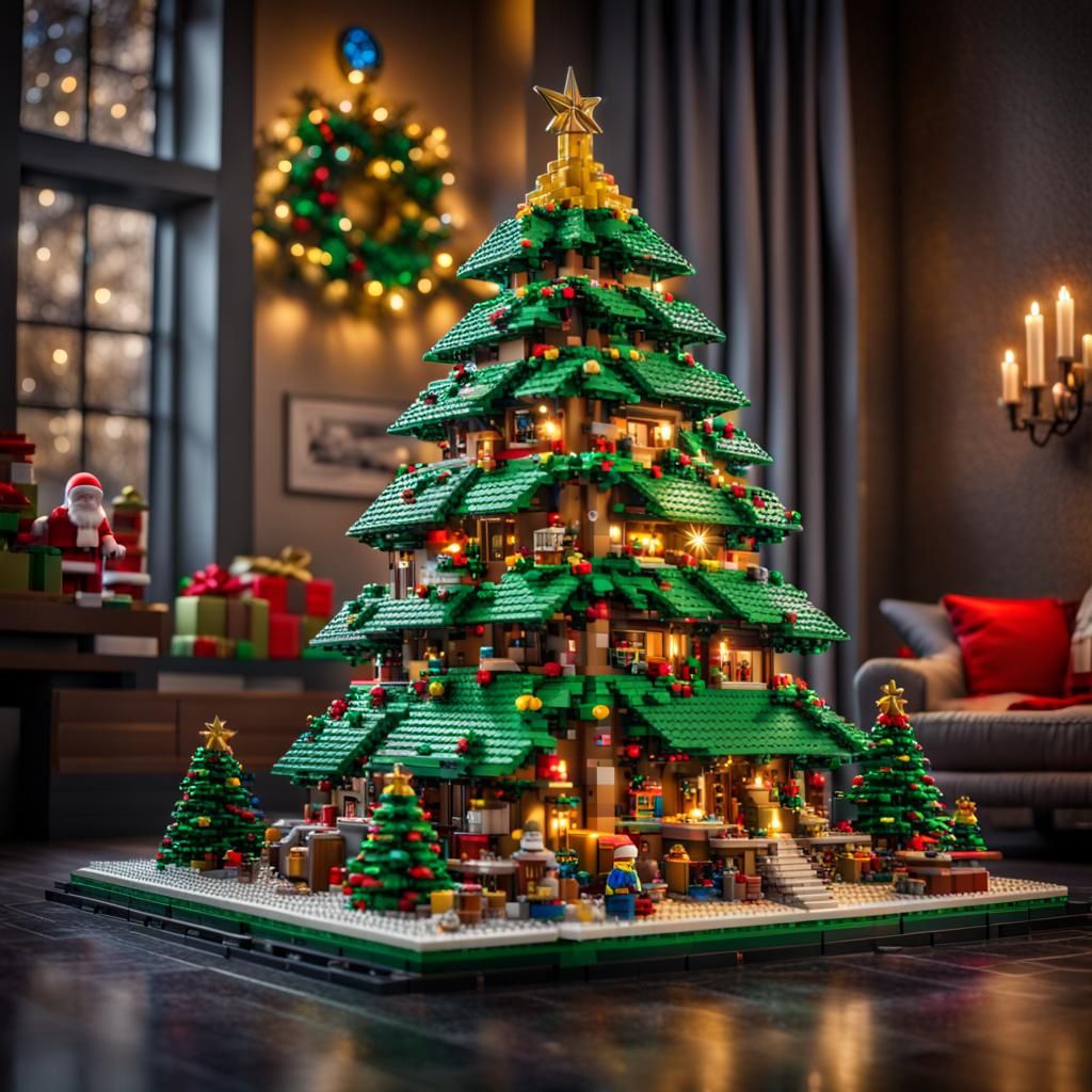 Hyperrealistic Lego Christmas Tree in Splash Art Style
