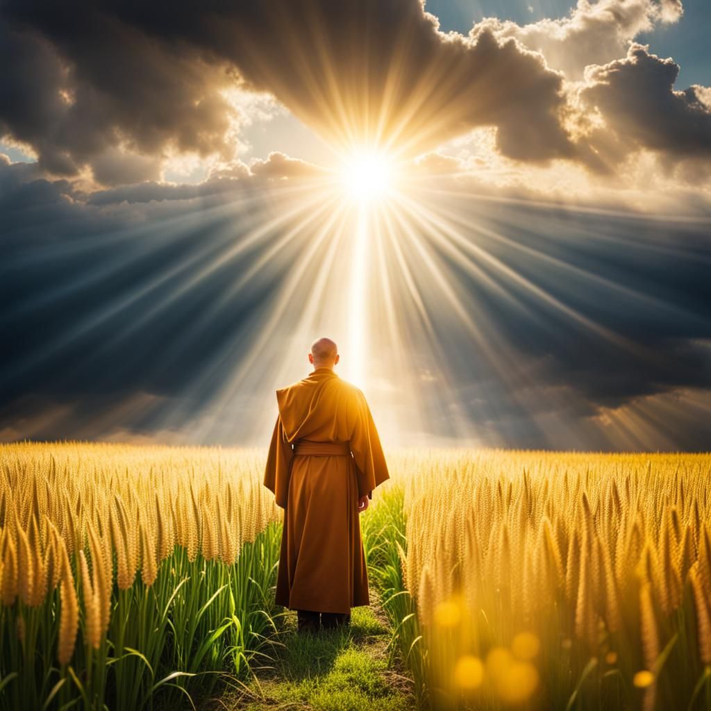Monk Embracing Divine Light in Field
