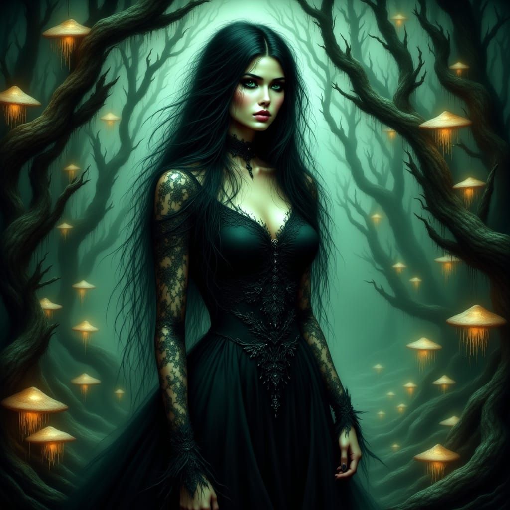 Mystical Woman in Dark, Eerie Forest Scene, in a Futuristic ...