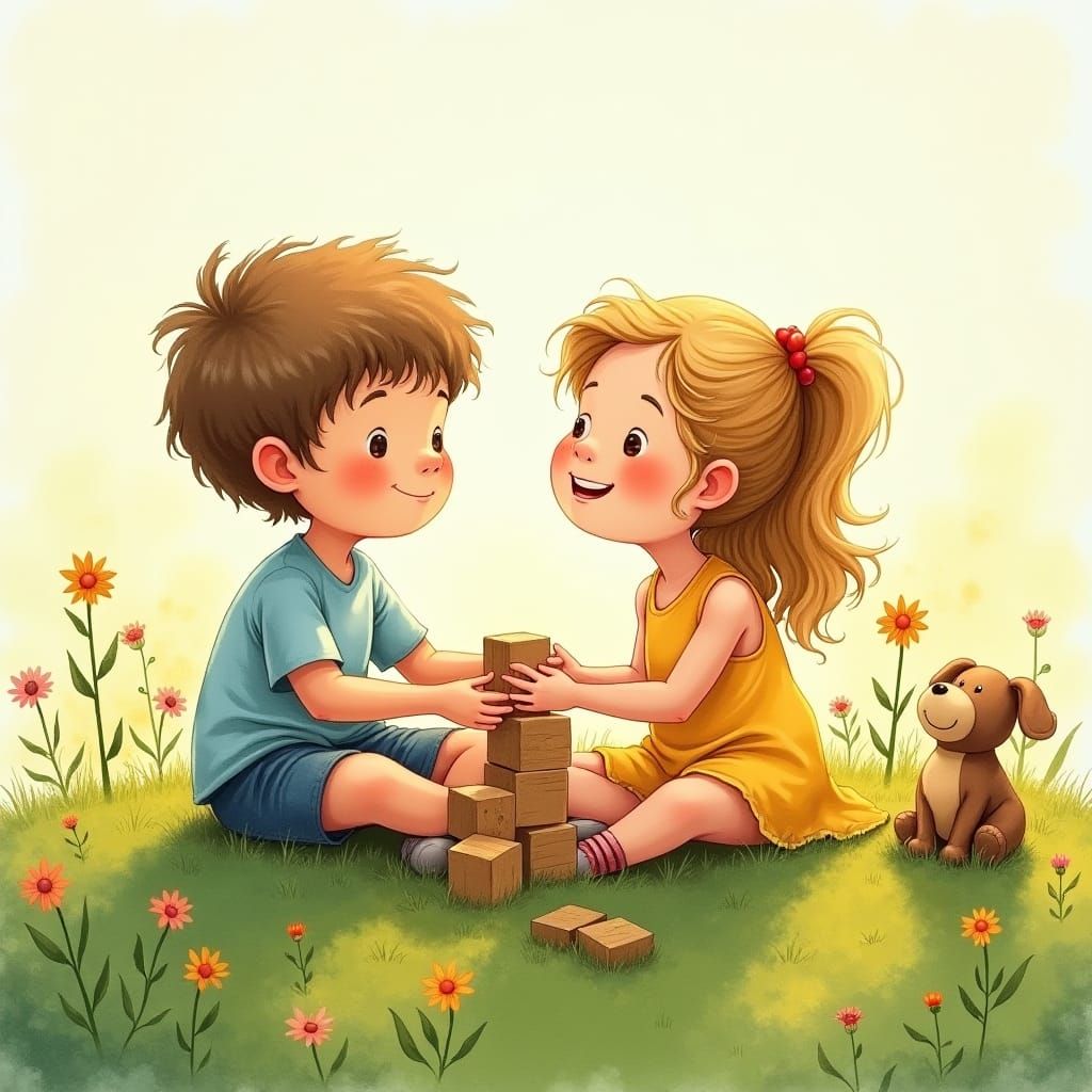 Children Playing on Grassy Hill in Watercolor Style