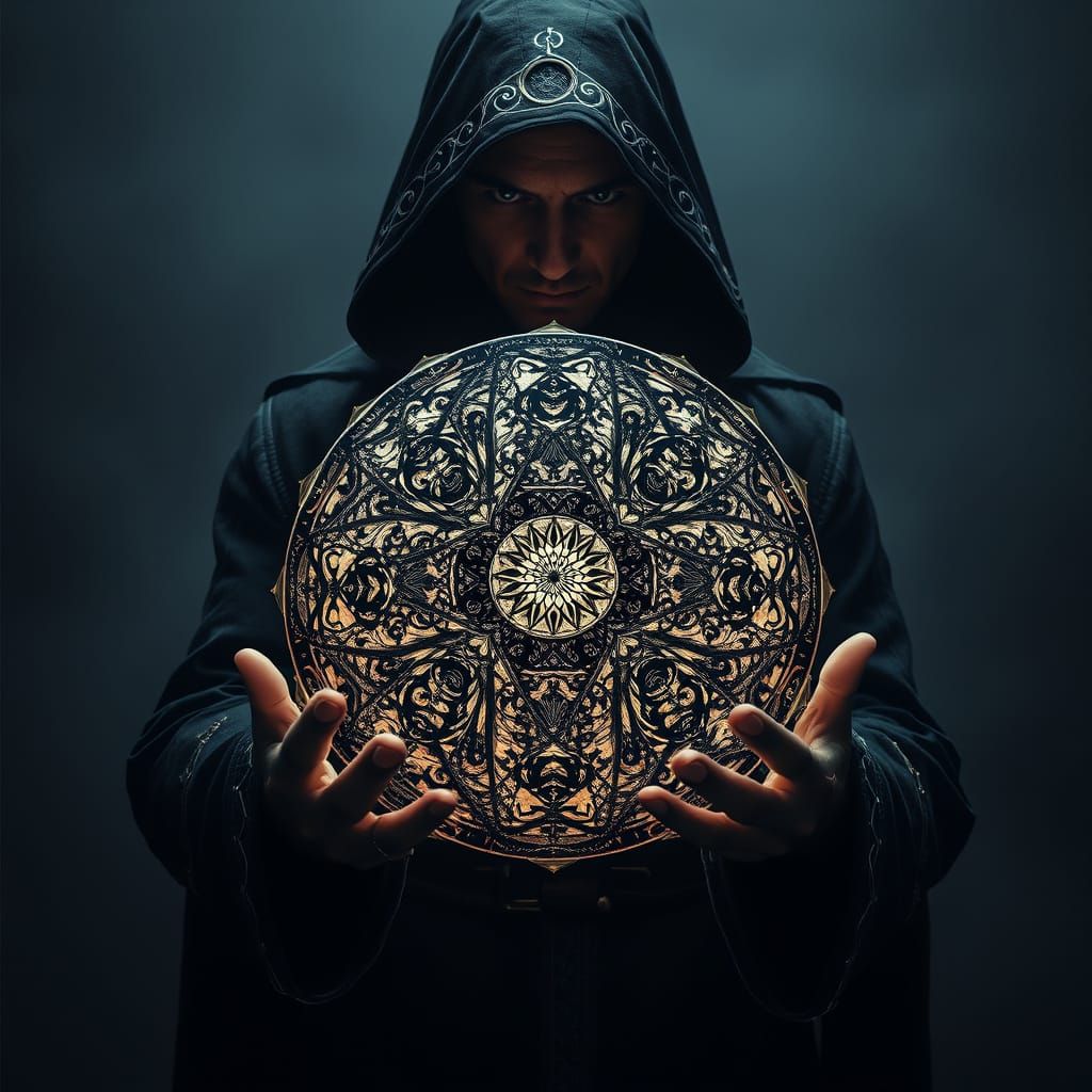 Arcane Artifact Held by Shadowed Figure