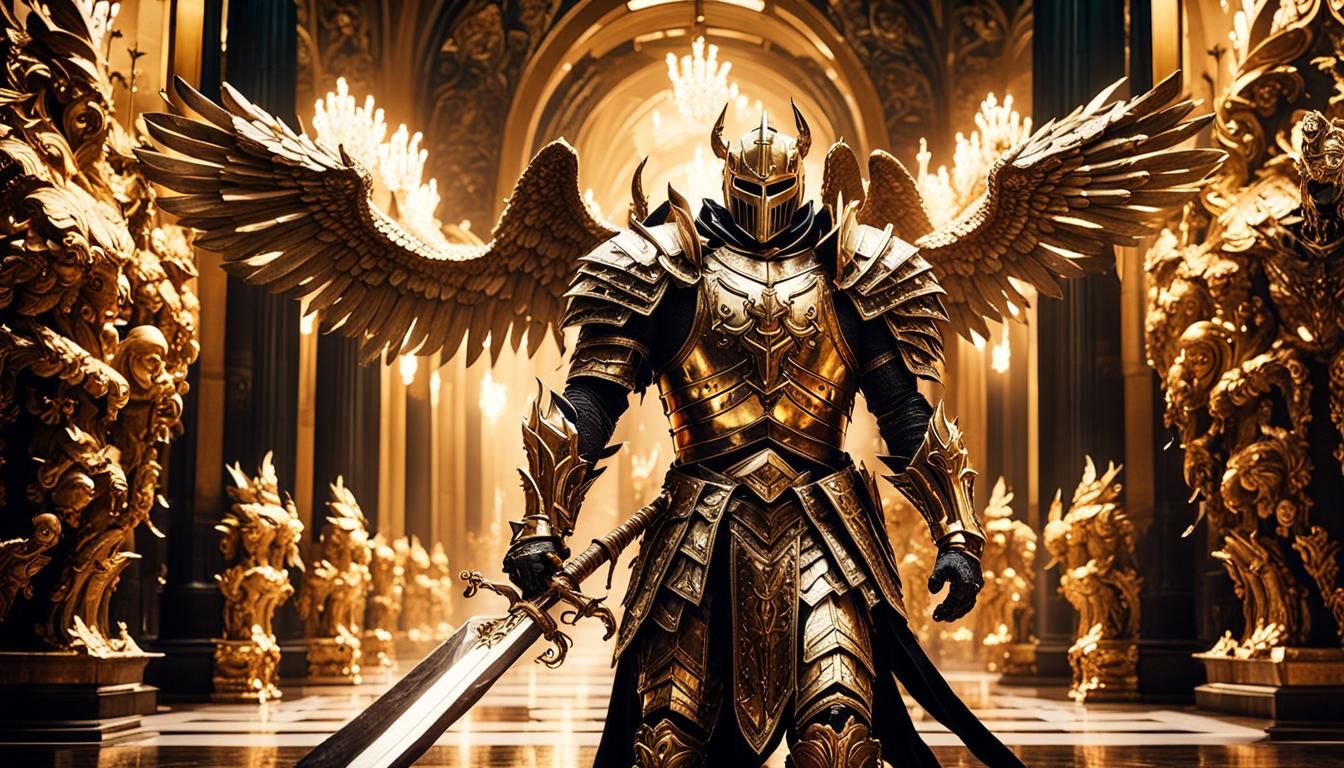 Golden Knight in Grand Hallway: Cinematic Film Still