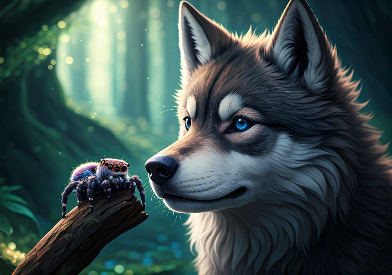 Magical Forest Encounter: Coloful Spider Meets Direwolf Pup
