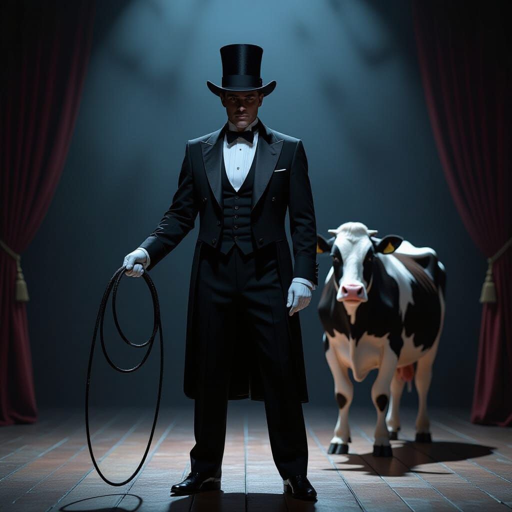 Magician and Cow on Stage in Photorealistic Style