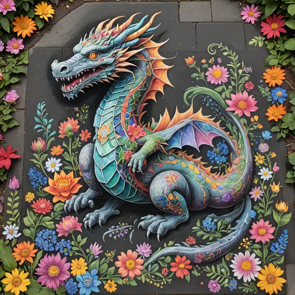 Gemstone Dragon Chalk Art with Flowers