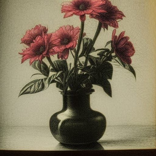Detailed Etching of Flowers in Vase Still Life