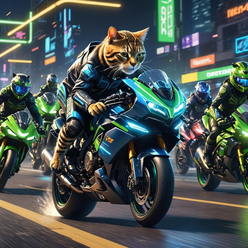 Sci-Fi Cat Racer Leads Animal Motorcycle Race
