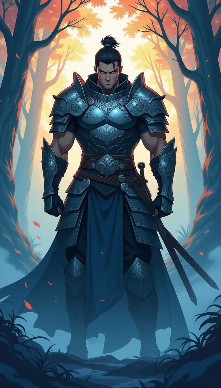 Epic Fantasy Warrior in Glowing Forest, Digital Art