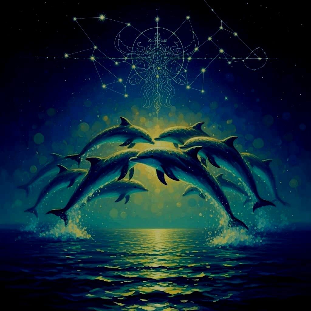 Bioluminescent Dolphins Leap in Starlit Ocean as Impressioni...